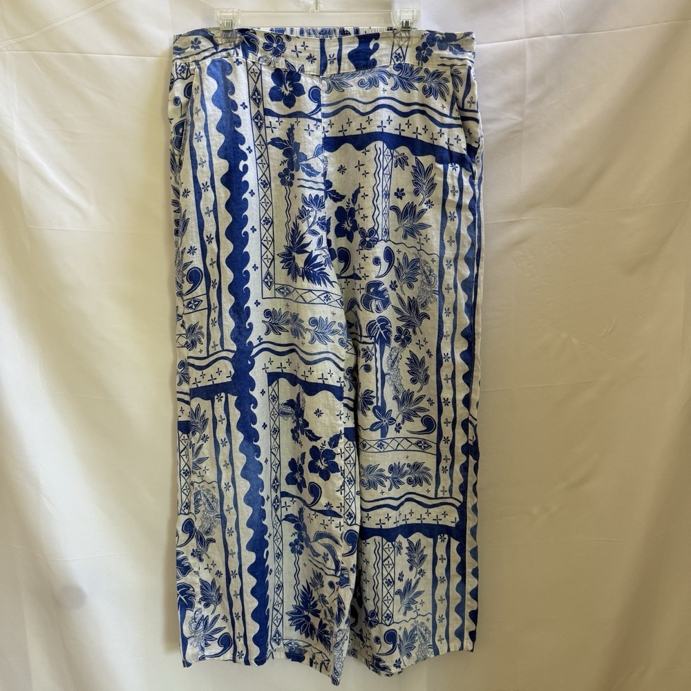 Joie 100% Linen Pants Women Size XL Blue White Wide Leg Geometric Floral Pockets
